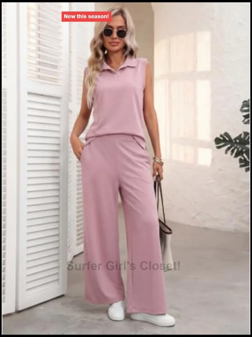 2 Piece Lounge Set Sleeveless Crop Top Wide Leg Pants Vacation Travel Outfit